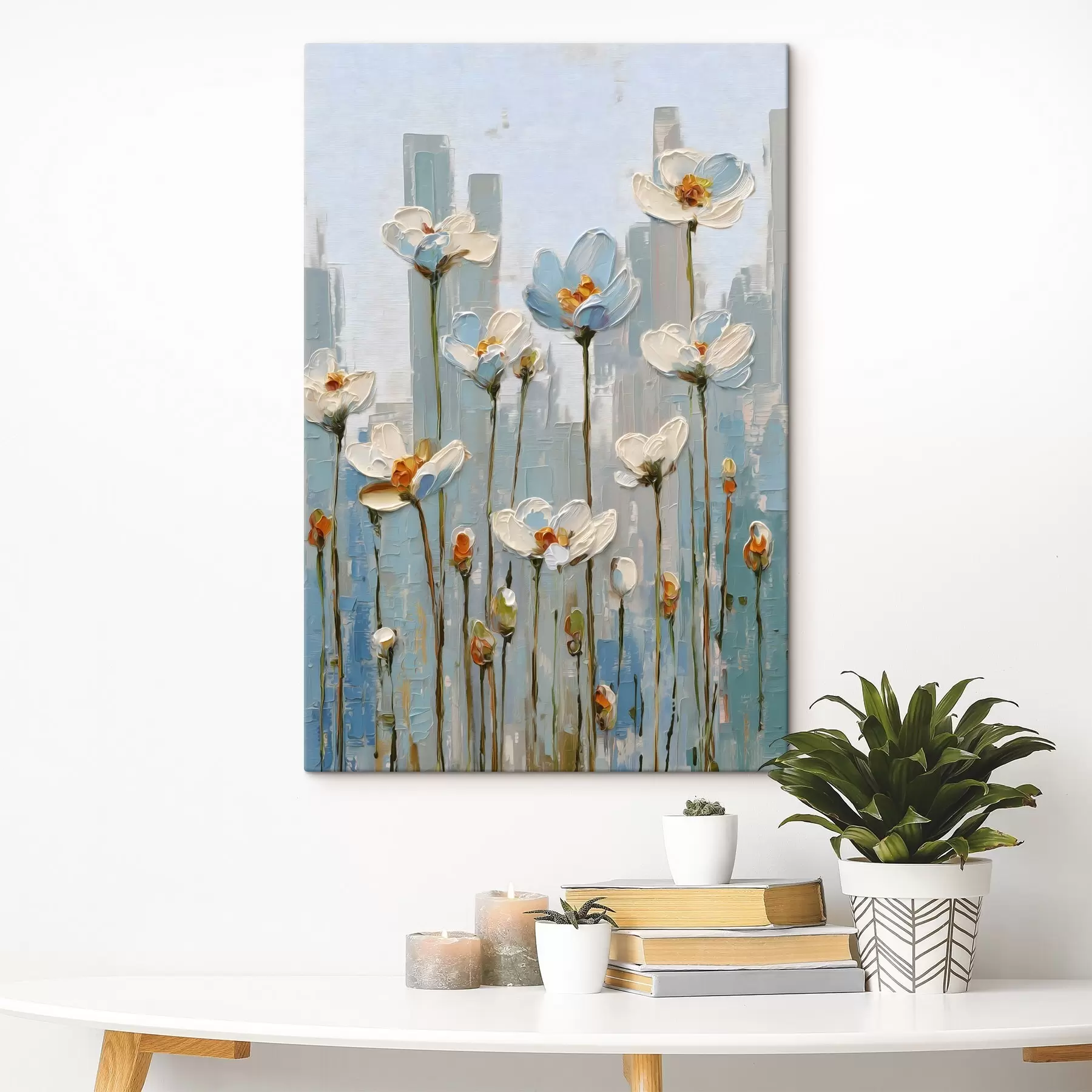 Wandbilder Blumen vor einer städtischen Kulisse, im Stil eines Ölgemäldes s48786