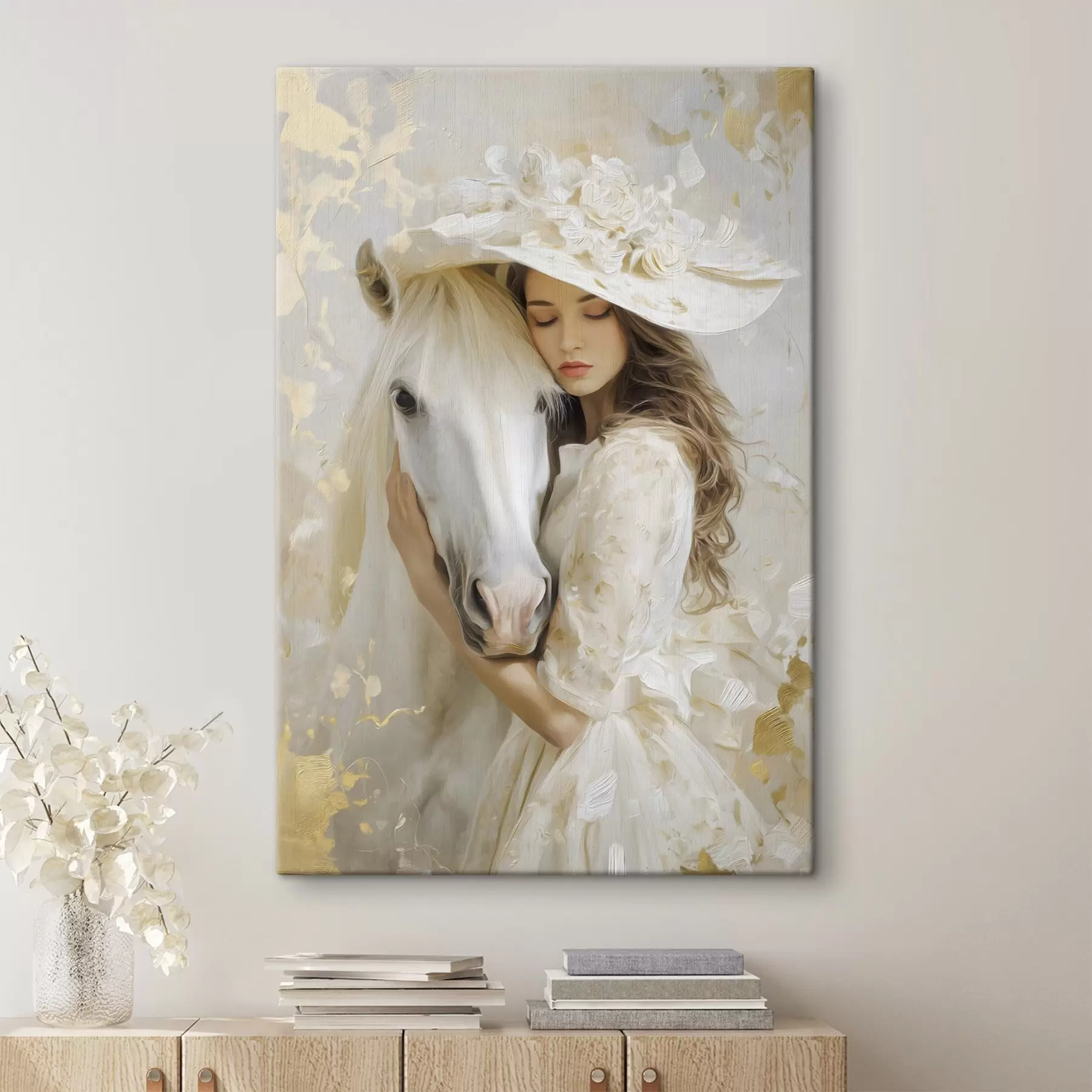 Wandbilder ein Mädchen mit einem weißen Pferd, im Ölstil gemalt s48790