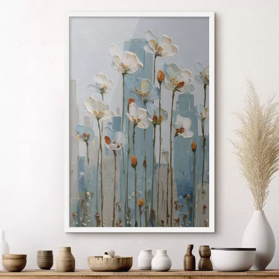 Fototapete Blumen vor einer städtischen Kulisse, im Stil eines Ölgemäldes f48785