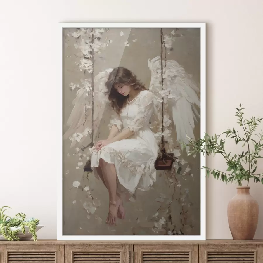 Fototapete ein Engel-Mädchen auf einer Schaukel, im Ölstil gemalt f48789