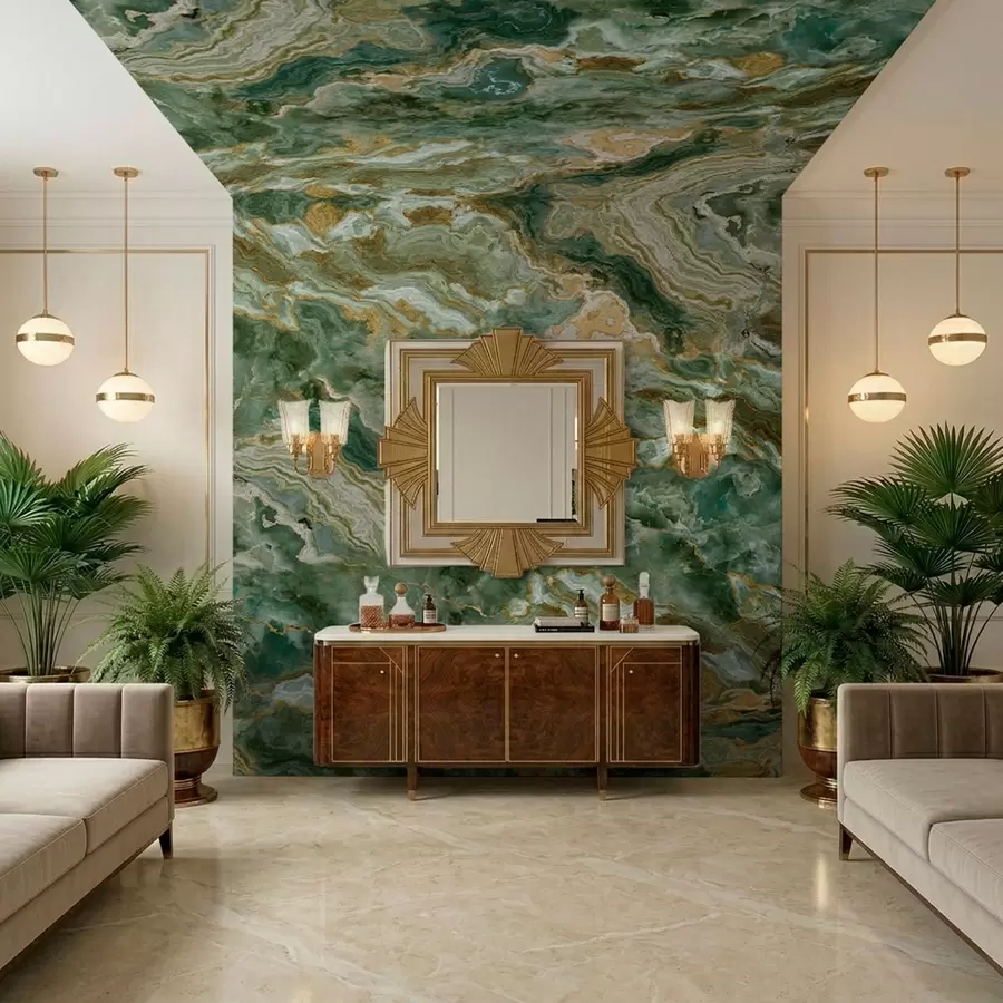 Fototapete Struktur aus grünem Onyx mit fließenden, geschichteten Adern w05429