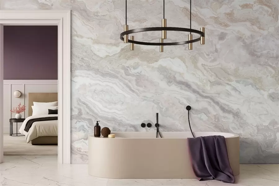 Fototapete Heller Onyx mit fließenden Schichten in Beige und Grau w05430