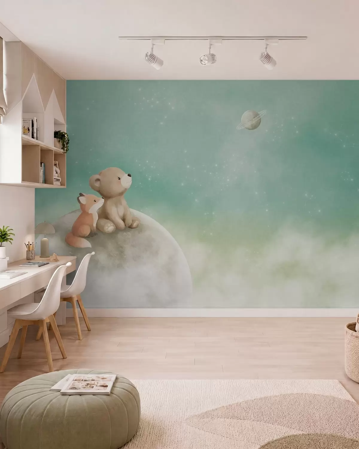 Fototapete Pastellillustration: Bär und Fuchs vor grünem Himmel w05431v1