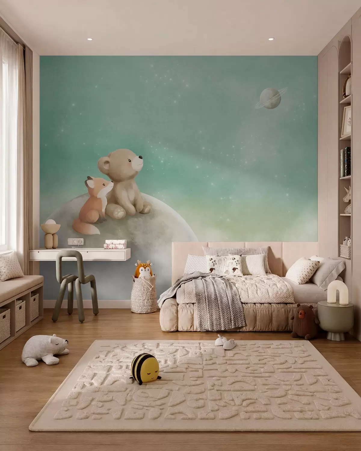 Fototapete Pastellillustration: Bär und Fuchs vor grünem Himmel w05431v1