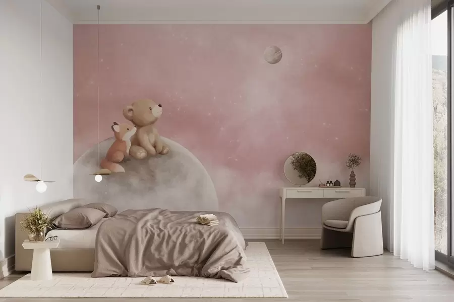 Fototapete Pastellillustration: Bär und Fuchs vor einem rosa Mondhimmel w05431v2