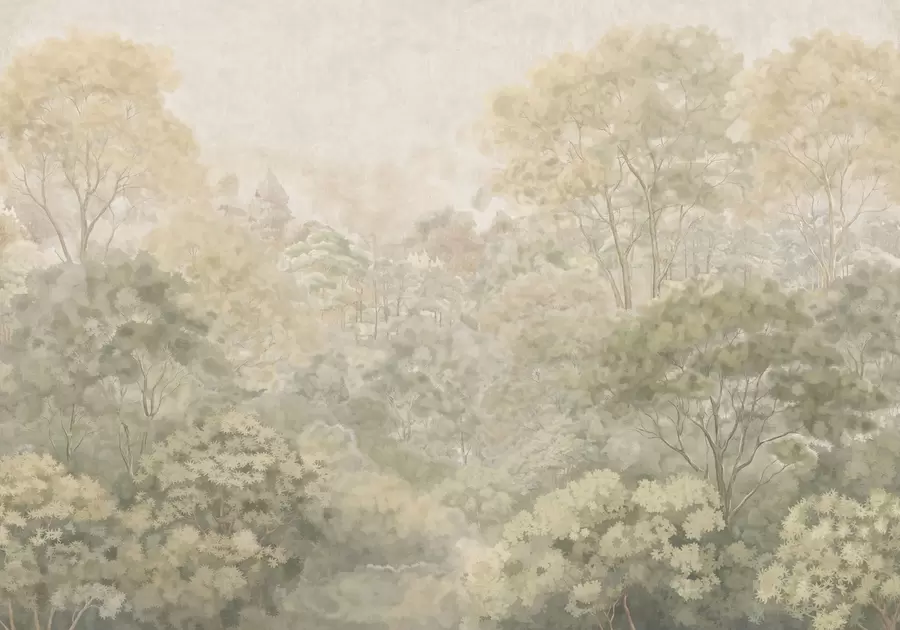 Fototapete Eine Waldlandschaft im Vintage-Stil in gedämpften Grüntönen w05433