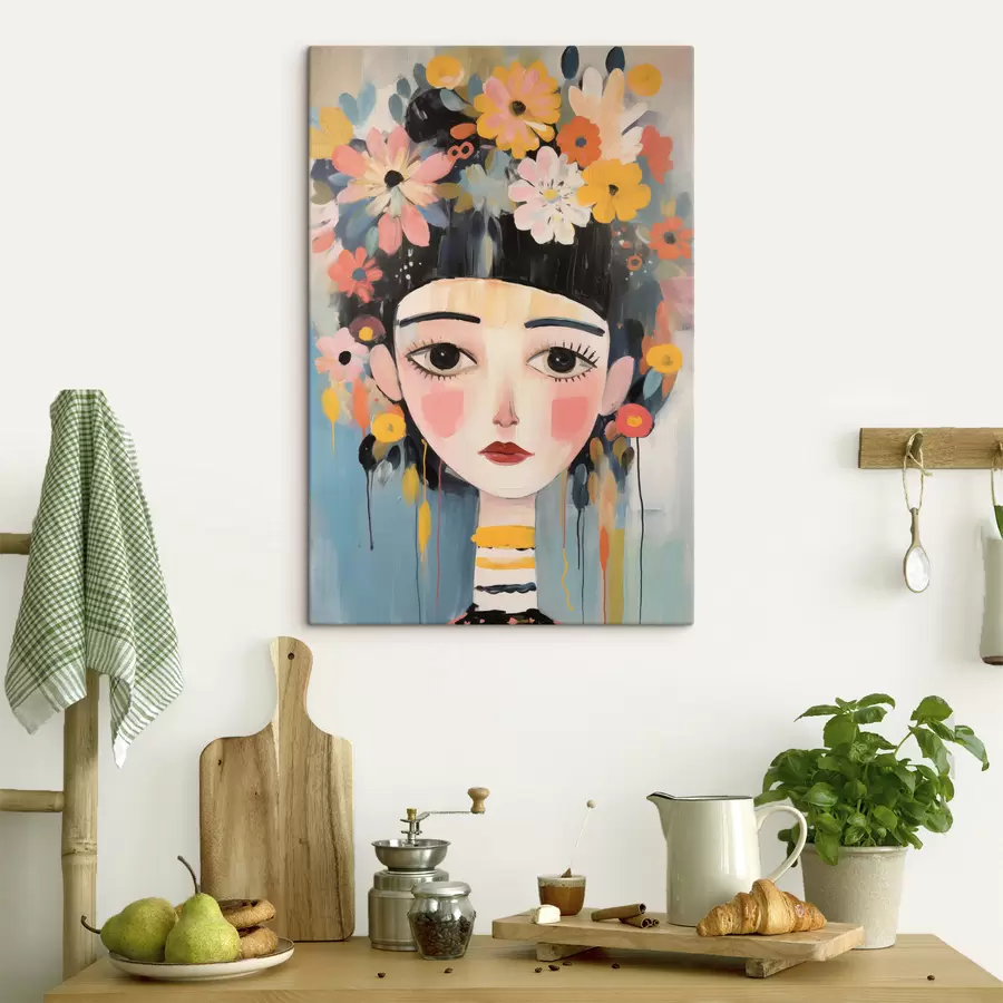 Wandbilder Porträt einer Frau mit Blumen im Haar, im abstrakten Stil s48935