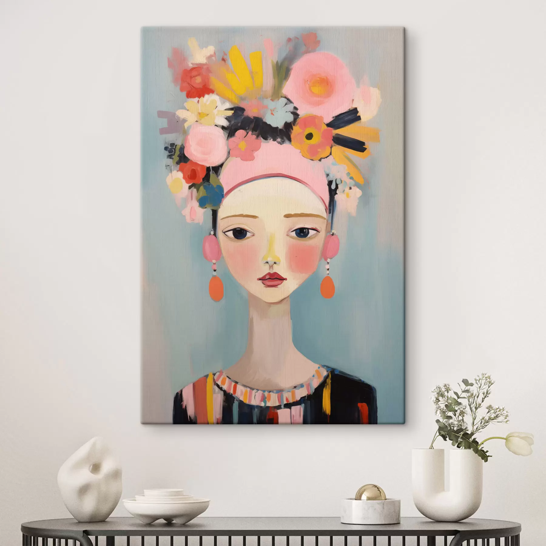 Wandbilder Porträt einer Frau mit Blumen im Haar, im abstrakten Stil s48936