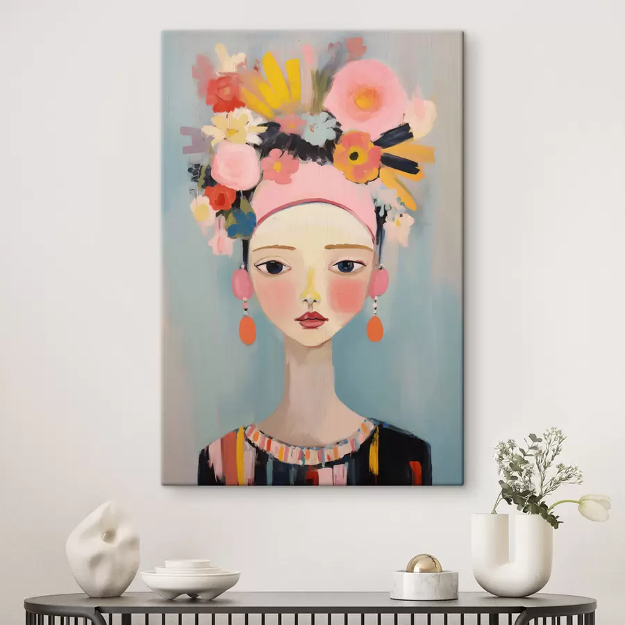 Wandbilder Porträt einer Frau mit Blumen im Haar, im abstrakten Stil s48936