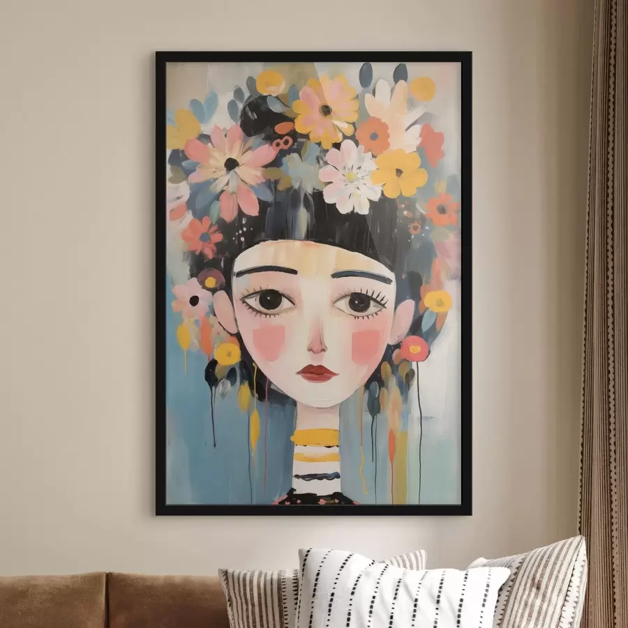 Fototapete Porträt einer Frau mit Blumen im Haar, im abstrakten Stil f48935