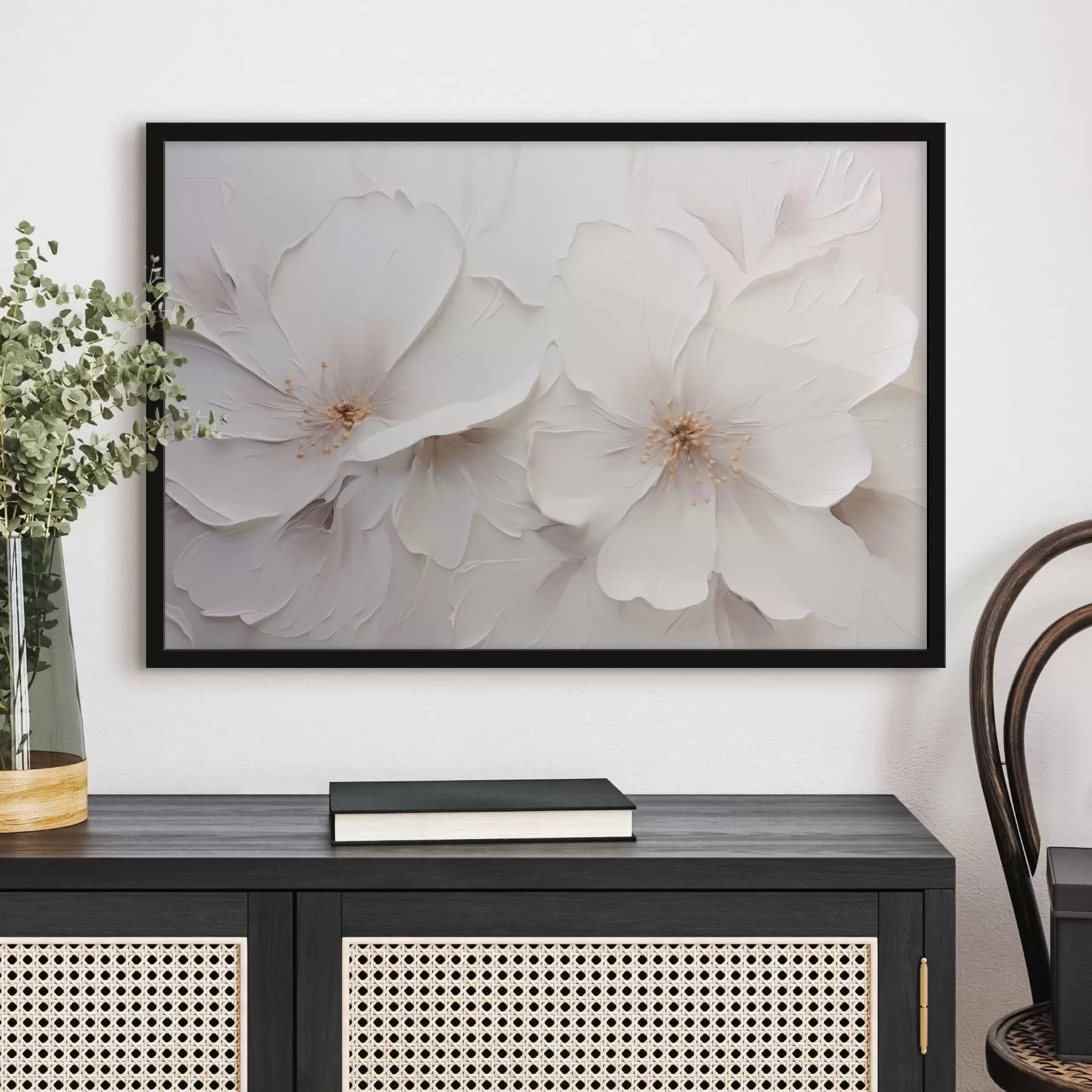 Fototapete Minimalistische, geprägte weiße Blumen mit sanften Schatten f48796