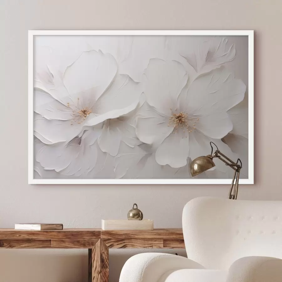 Fototapete Minimalistische, geprägte weiße Blumen mit sanften Schatten f48796