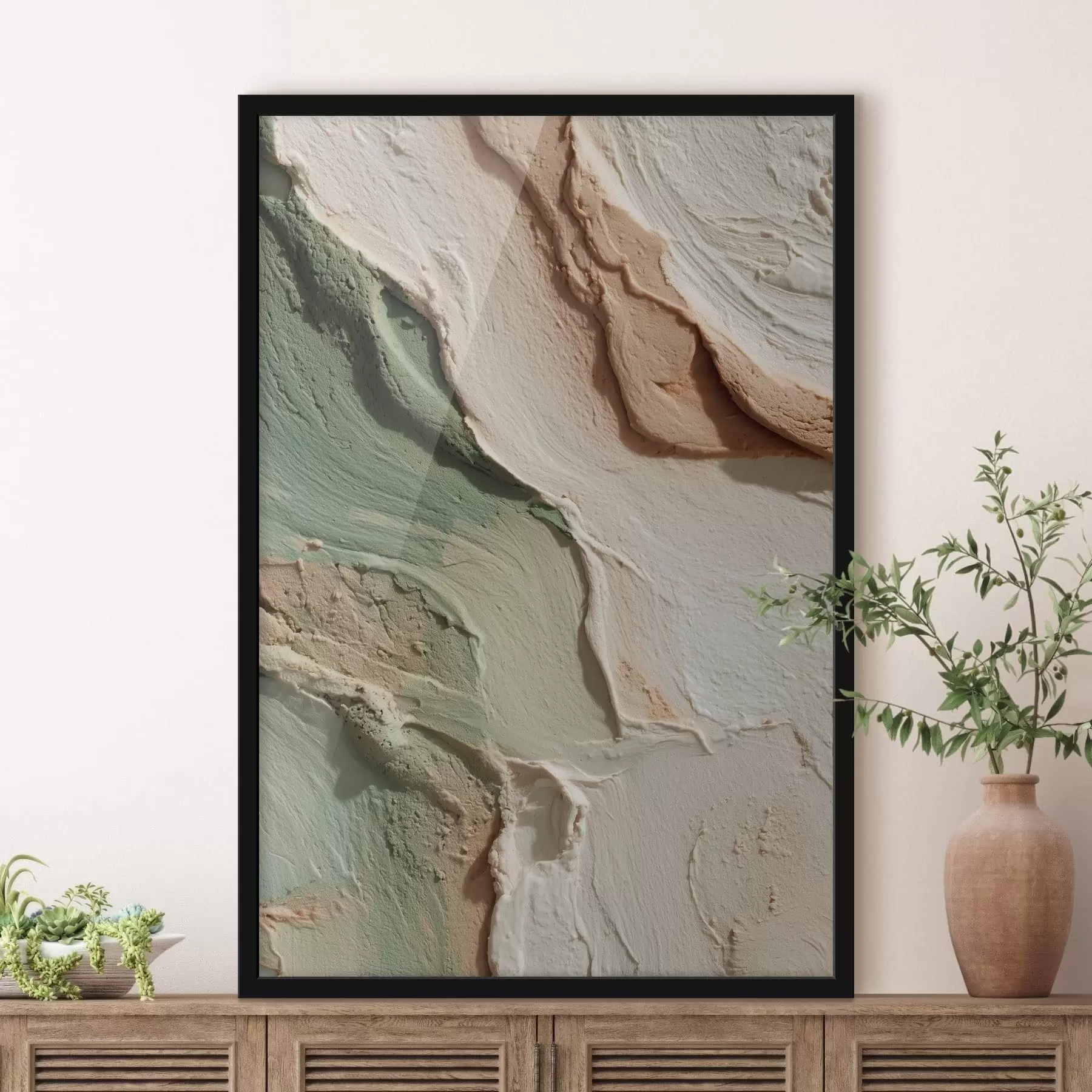 Fototapete Abstrakte Textur im Impasto-Stil in Beige- und Grüntönen f48799