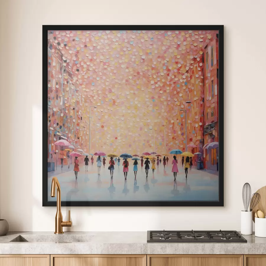 Fototapete Impressionistische Stadtansicht mit Regenschirmen und Spiegelungen f48803