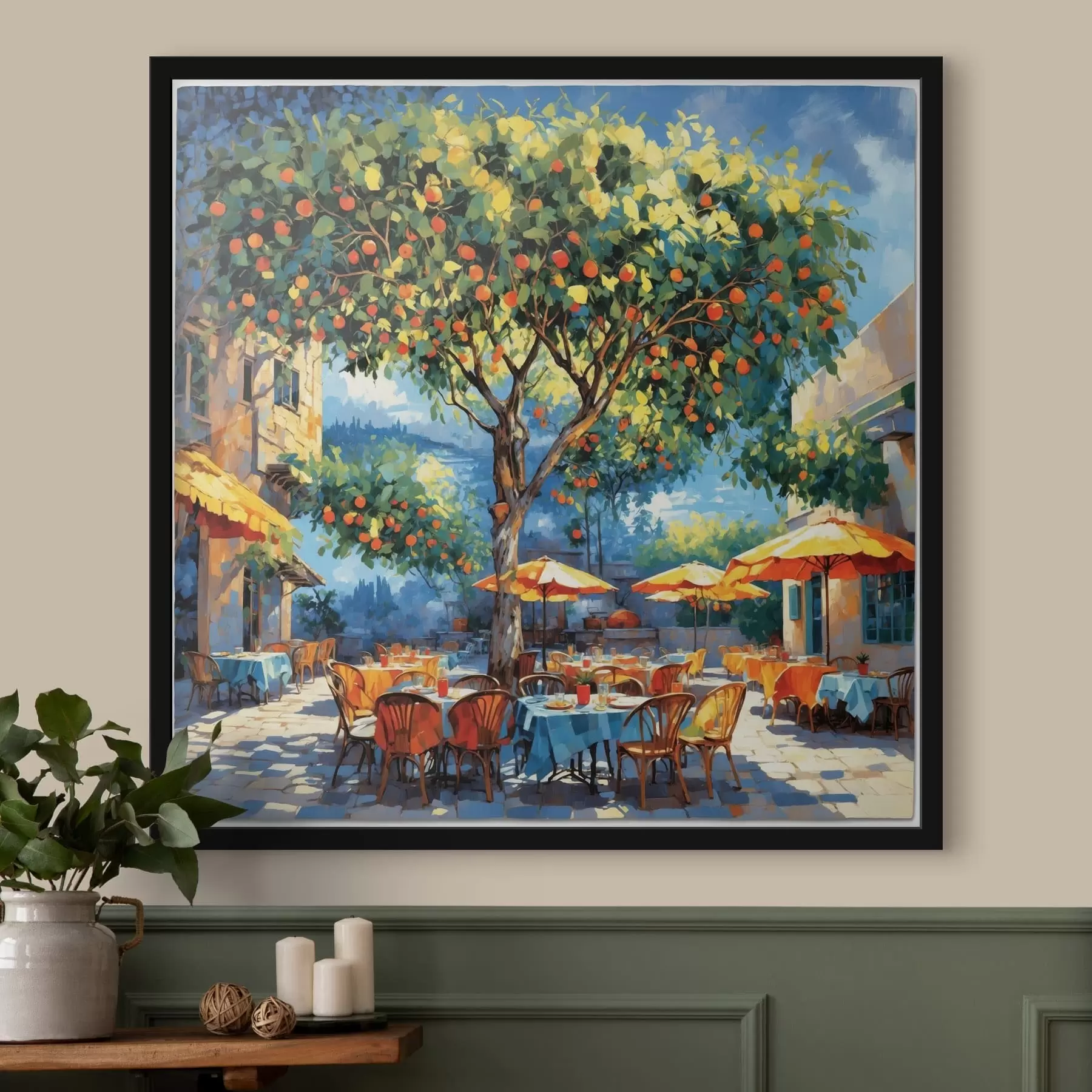 Fototapete Impressionistischer Café-Innenhof mit Baum und Sonnenschirmen f48811