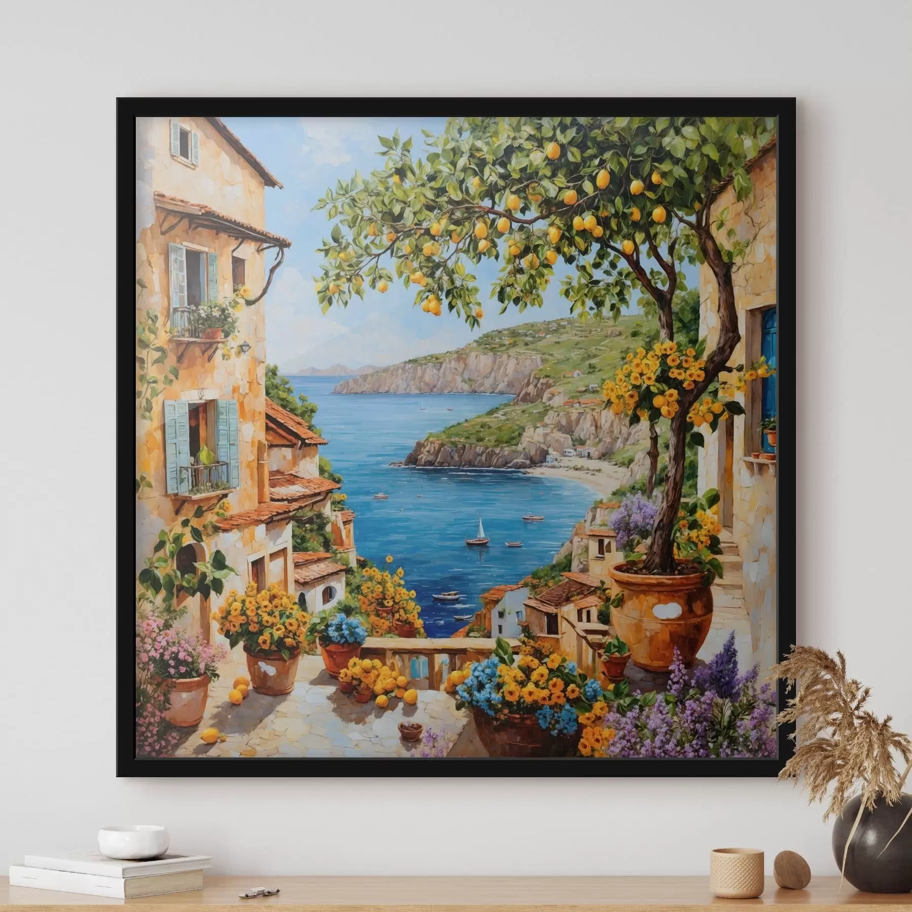 Fototapete Impressionistisches Küstendorf mit Zitronenbaum f48818
