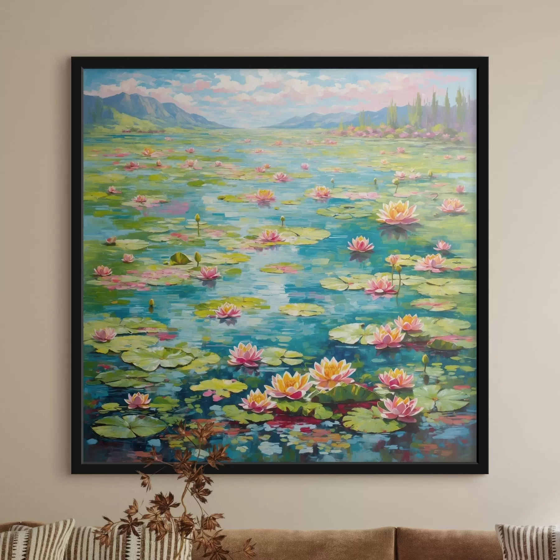 Fototapete Impressionismus: Seerosenteich mit Bergen im Hintergrund f48820