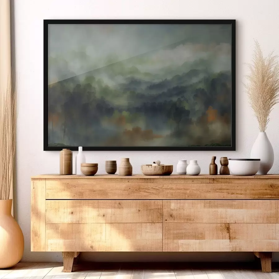 Fototapete Stimmungsvolle, neblige Waldlandschaft in Grüntönen f48821