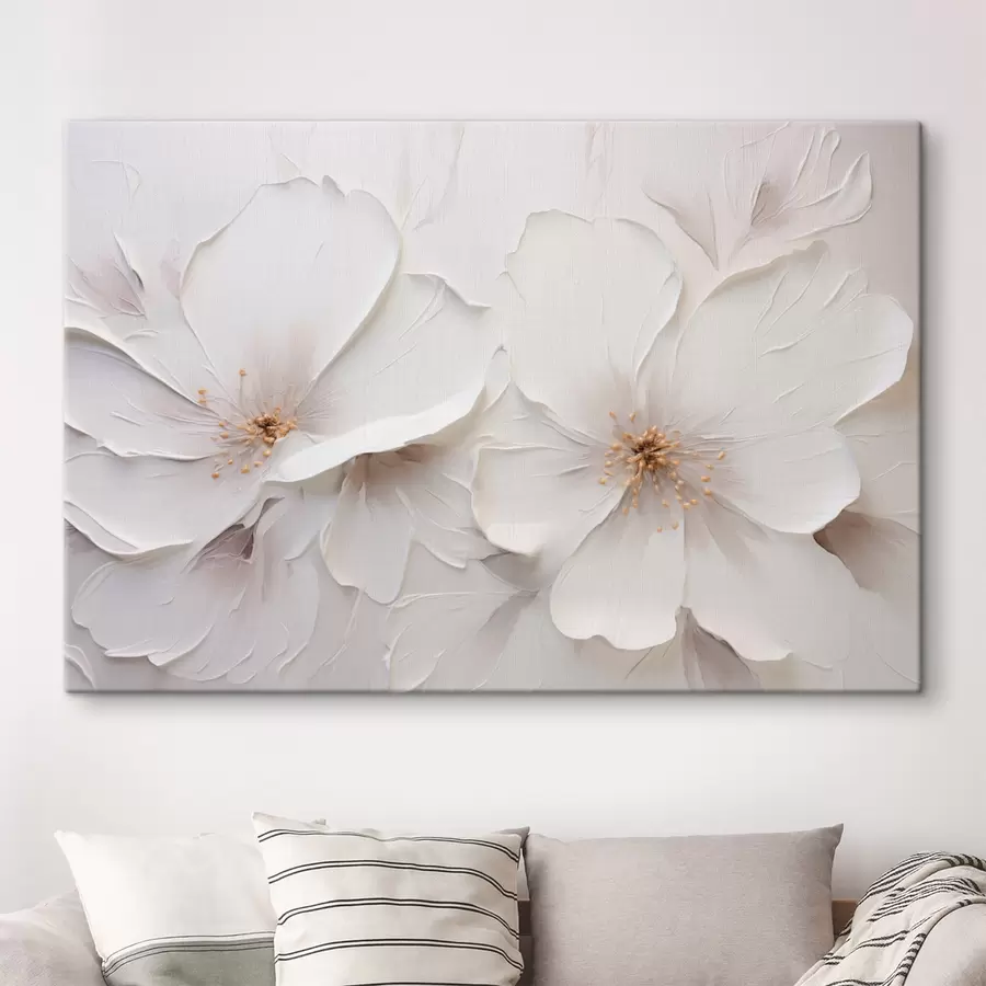 Wandbilder Minimalistische, geprägte weiße Blumen mit sanften Schatten s48796
