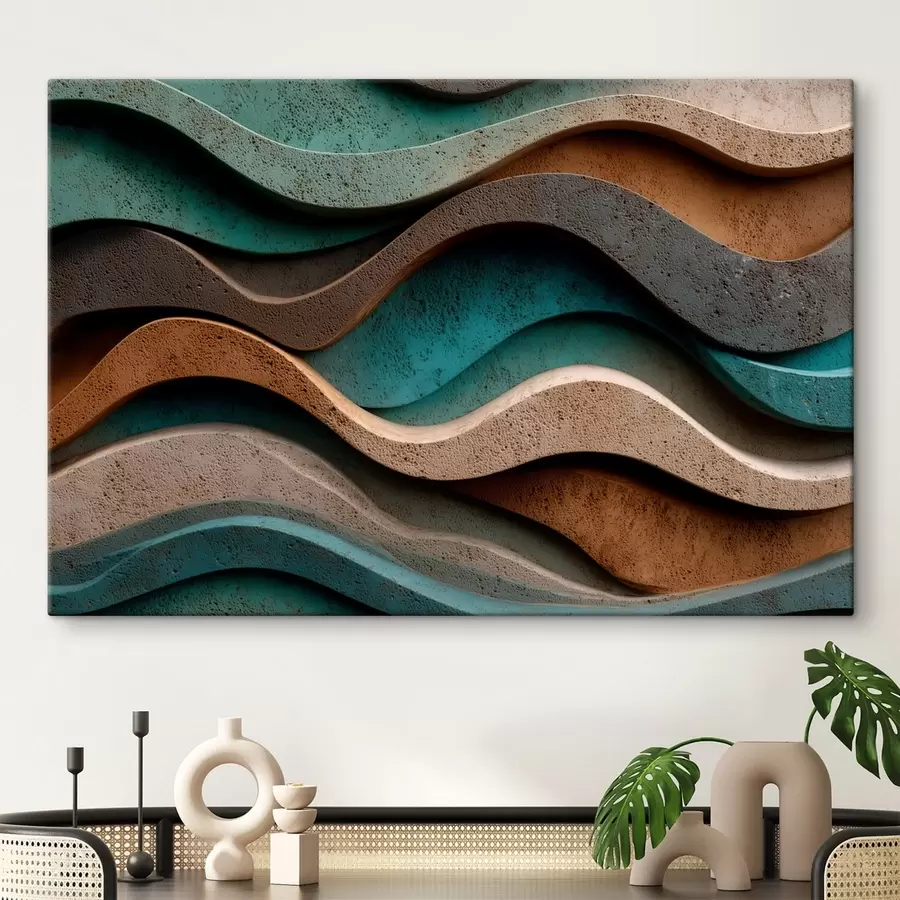 Wandbilder Abstrakte, wellenförmige Schichten in Blaugrün- und Terrakottatönen s48797