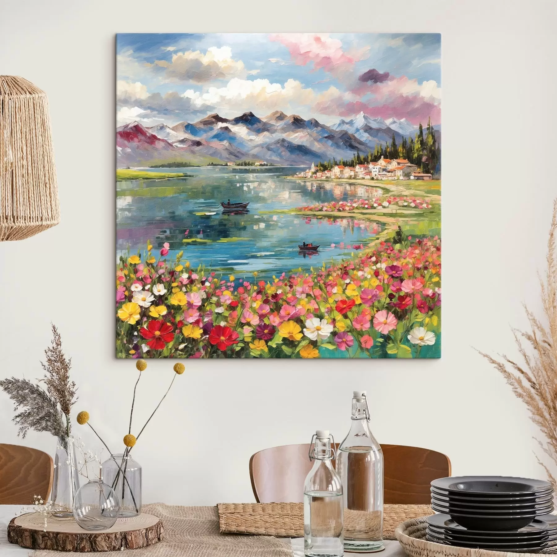 Wandbilder Impressionistischer Bergsee mit Booten und Blumen s48806