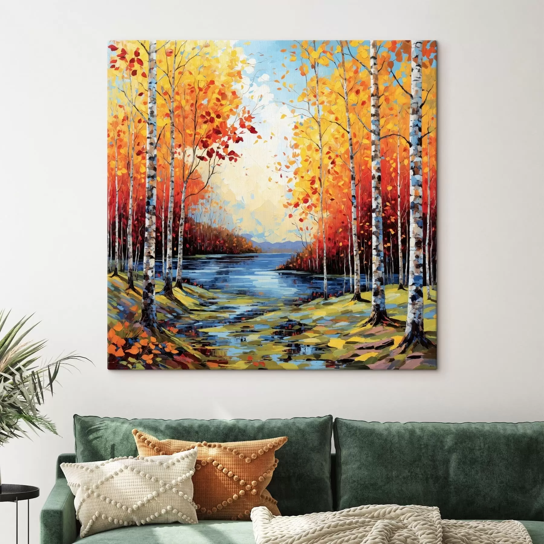 Wandbilder Impressionismus: Herbstlicher Birkenwald mit Fluss s48809