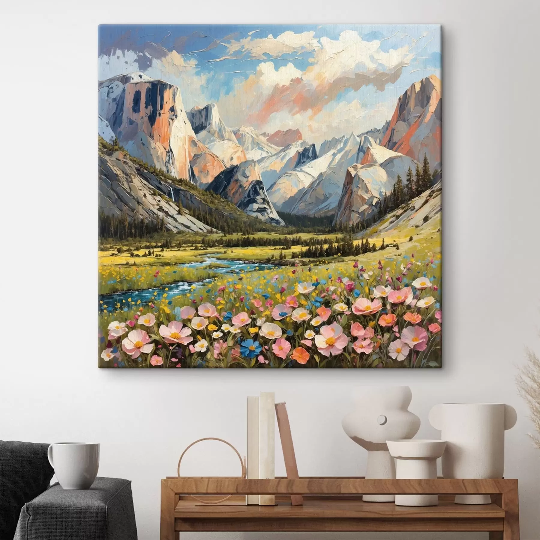 Wandbilder Impressionistisches Bergtal mit Fluss und Blumen s48812