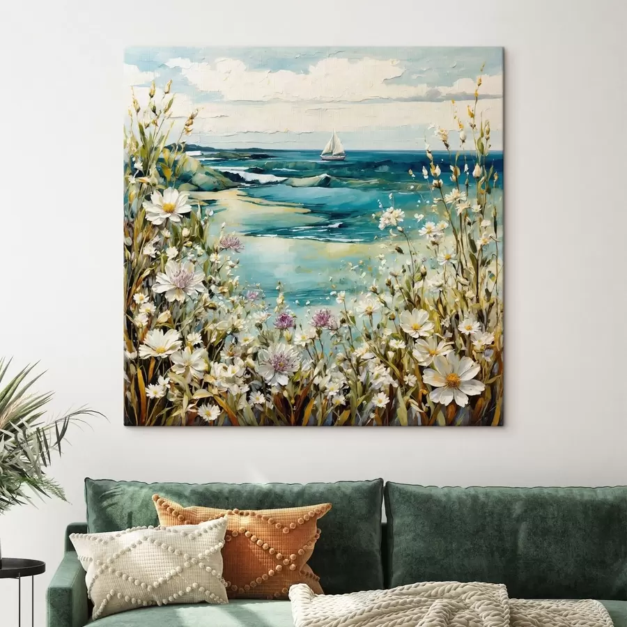 Wandbilder Impressionistisches Küstenbild mit Segelboot und Blumen s48813