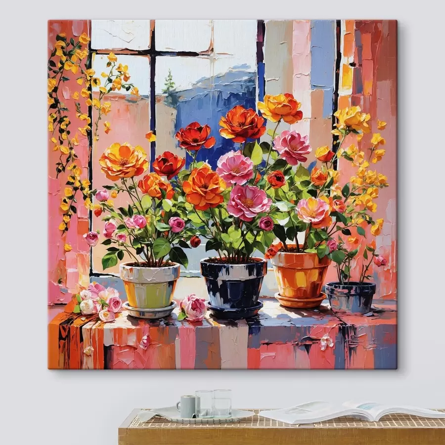 Wandbilder Impressionistische Topfblumen auf einer Fensterbank s48816