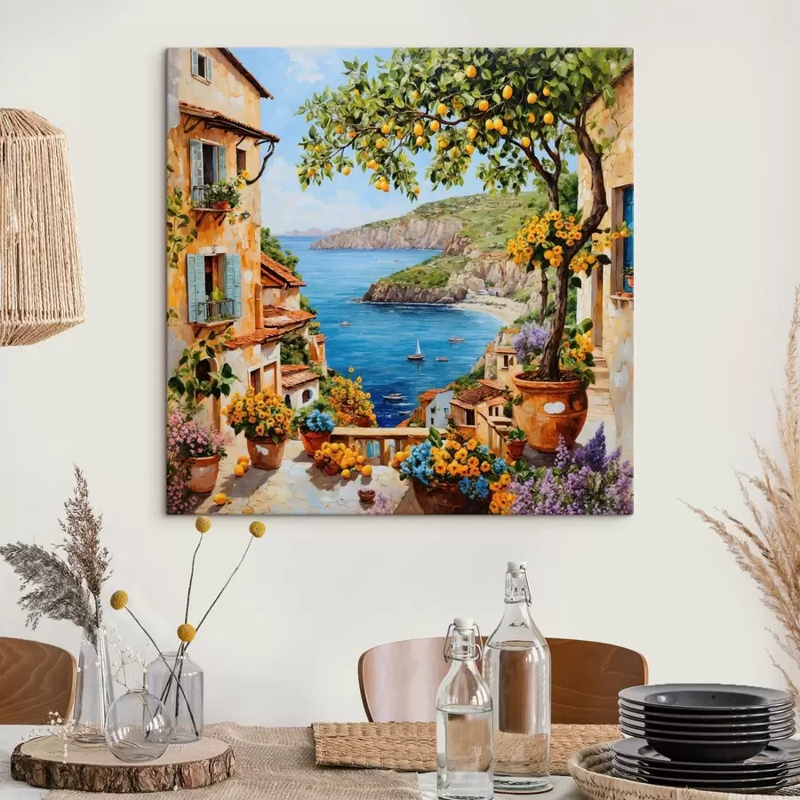 Wandbilder Impressionistisches Küstendorf mit Zitronenbaum s48818