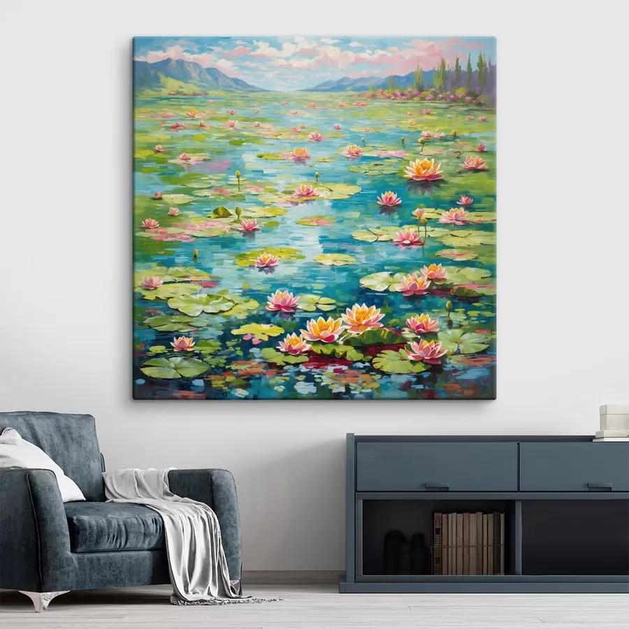 Wandbilder Impressionismus: Seerosenteich mit Bergen im Hintergrund s48820