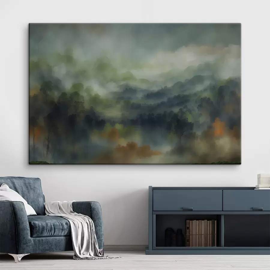 Wandbilder Stimmungsvolle, neblige Waldlandschaft in Grüntönen s48821