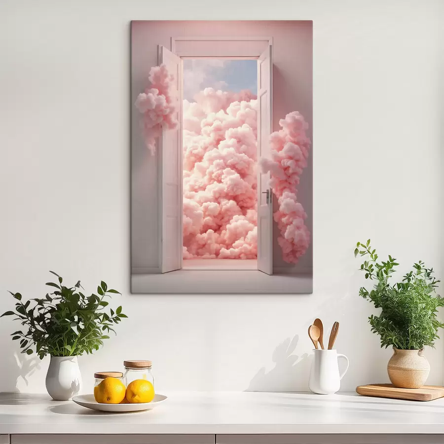Wandbilder Surrealistische Tür mit rosa Wolken im Inneren s48823
