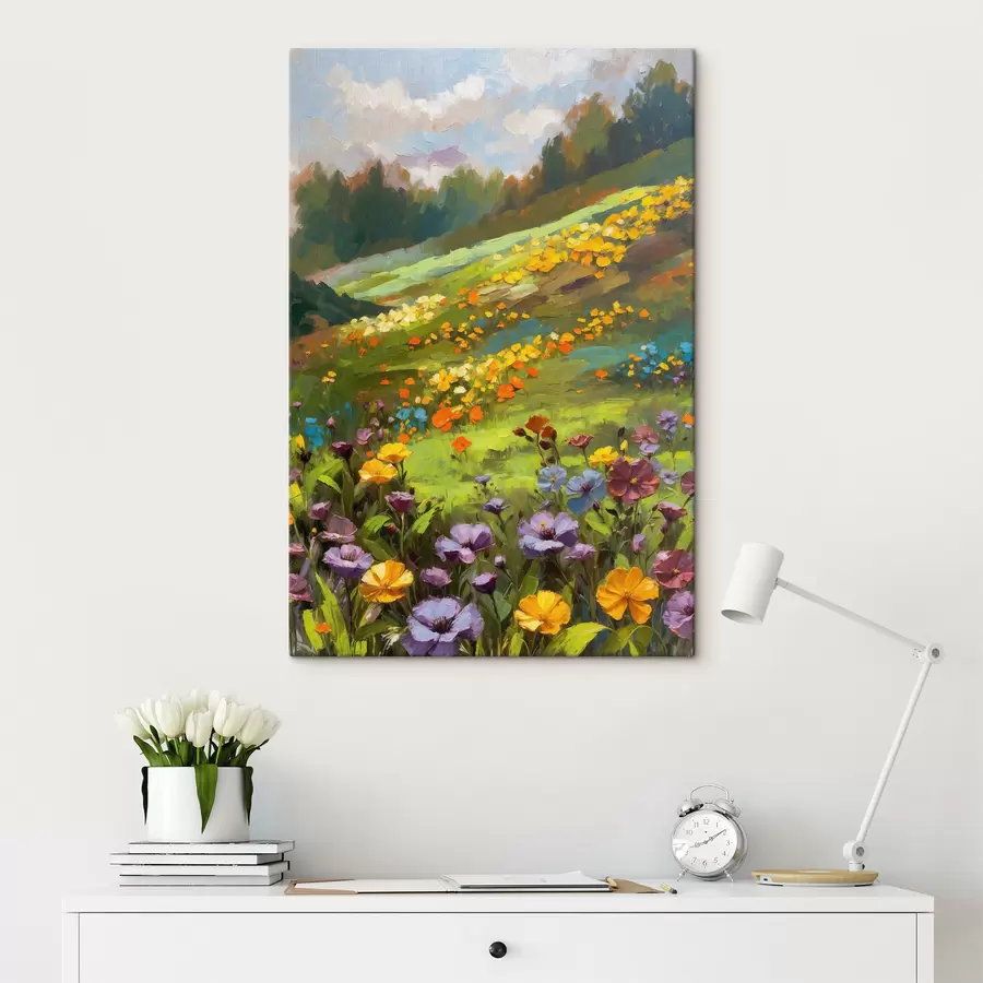 Wandbilder Impressionistischer Hügel in voller Blüte mit Wildblumen s48827