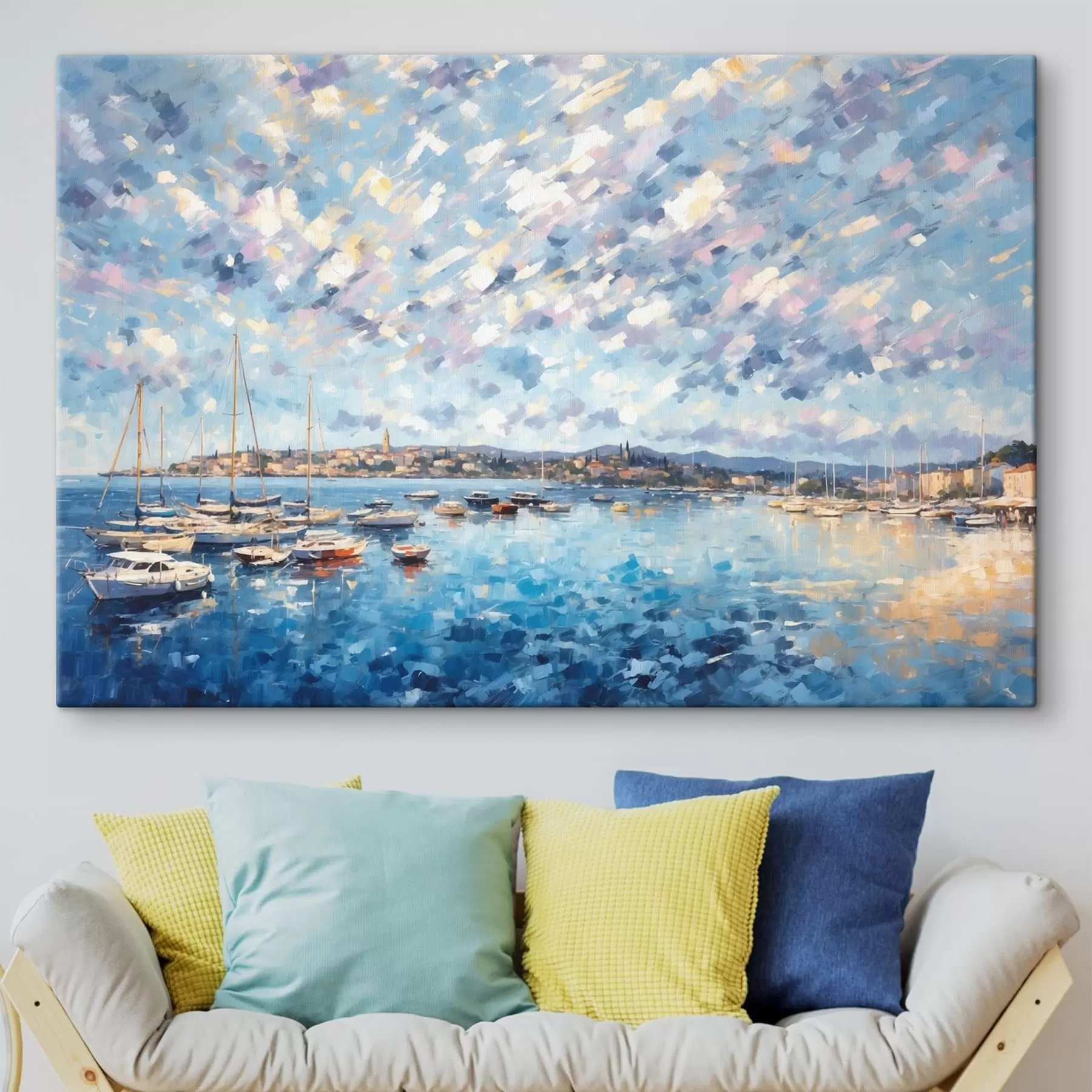 Wandbilder Impressionistischer Hafen mit Booten und Stadt s48831