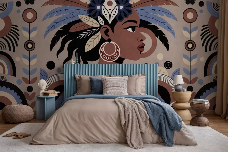Fototapete ein stilvolles, afrikanisch inspiriertes Design in Blau- und Schokoladentönen w05389