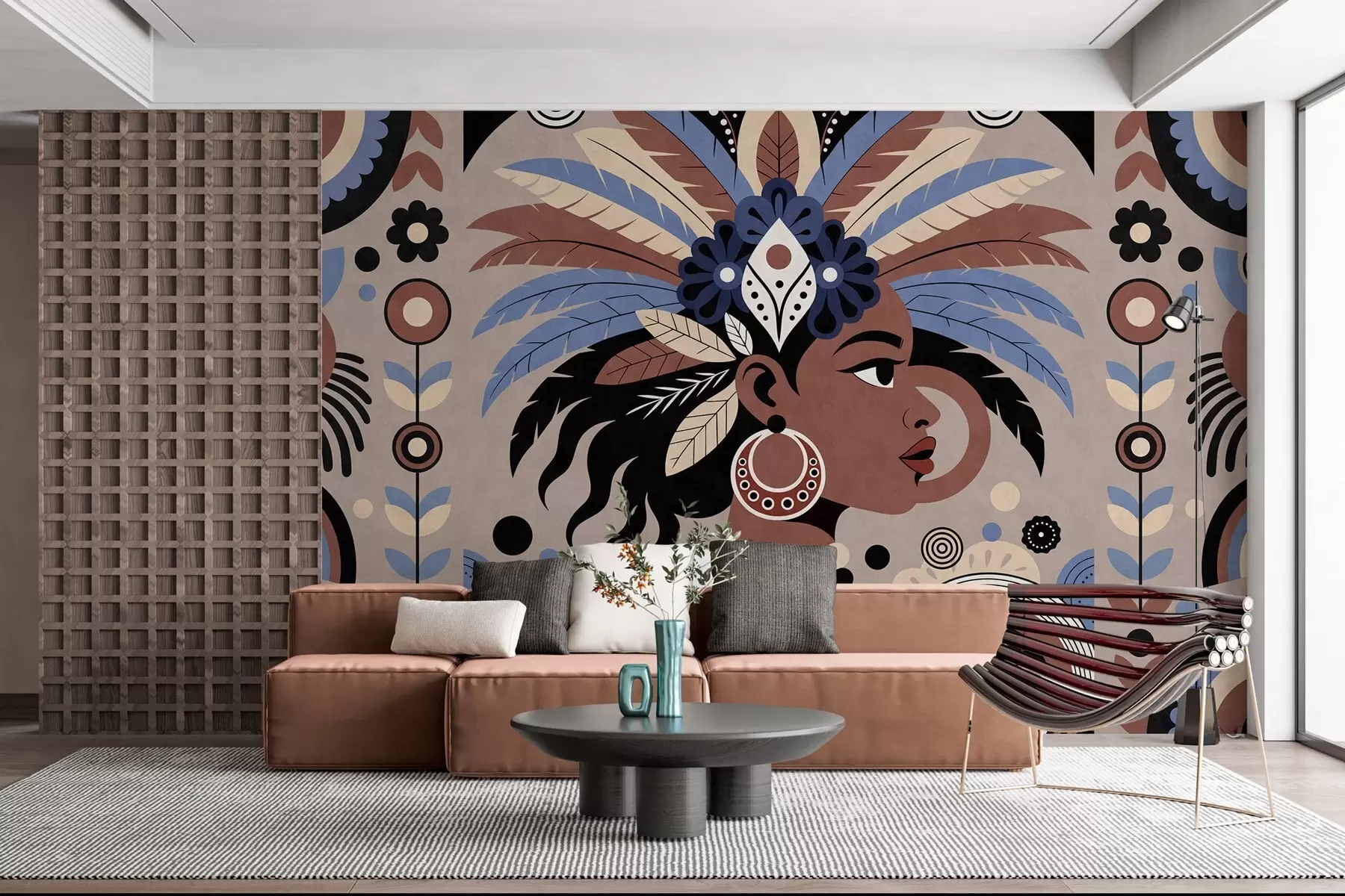 Fototapete ein stilvolles, afrikanisch inspiriertes Design in Blau- und Schokoladentönen w05389