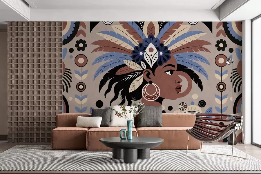 Fototapete ein stilvolles, afrikanisch inspiriertes Design in Blau- und Schokoladentönen w05389