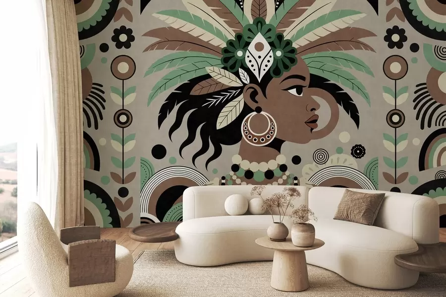 Fototapete ein stilvolles, afrikanisch inspiriertes Design in Grün-, Braun- und Beigetönen w05389v1