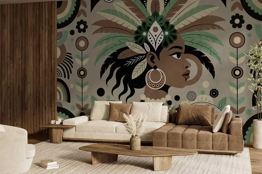 Fototapete ein stilvolles, afrikanisch inspiriertes Design in Grün-, Braun- und Beigetönen w05389v1