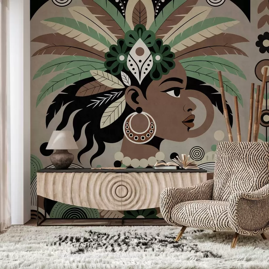 Fototapete ein stilvolles, afrikanisch inspiriertes Design in Grün-, Braun- und Beigetönen w05389v1