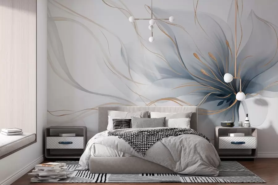 Fototapete Eine abstrakte blaue Blume mit fließenden Linien im Fluid-Art-Stil w05428