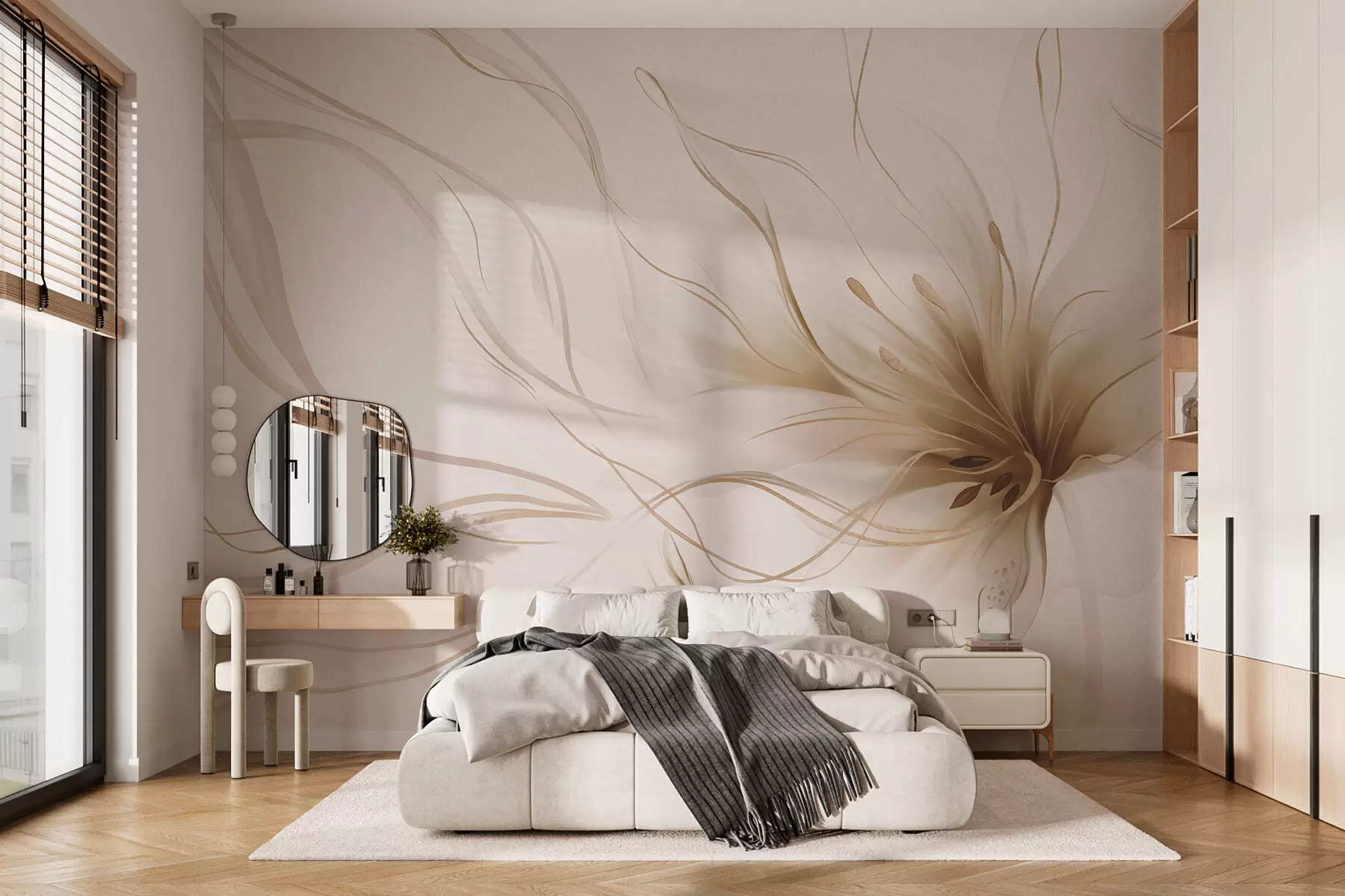 Fototapete Eine abstrakte beigefarbene Blume mit fließenden Linien im Fluid-Art-Stil w05428v2