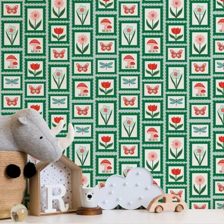 Fototapete Blumen, Pilze und Schmetterlinge in einem Bilderrahmen a01175