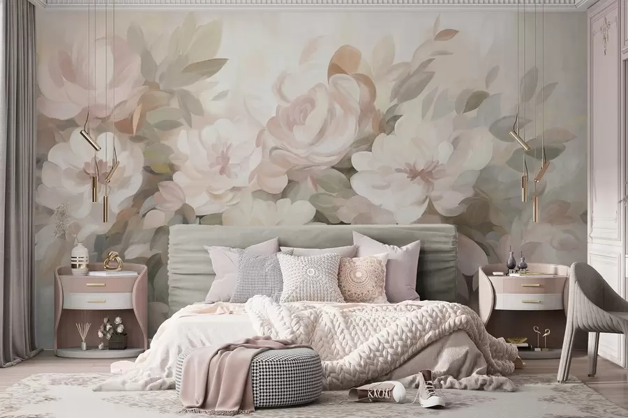 Fototapete Blassrosa und weiße Blumen mit grünen Blättern, gemalte Darstellung, impressionistischer Stil, strukturierte Kunst w09824