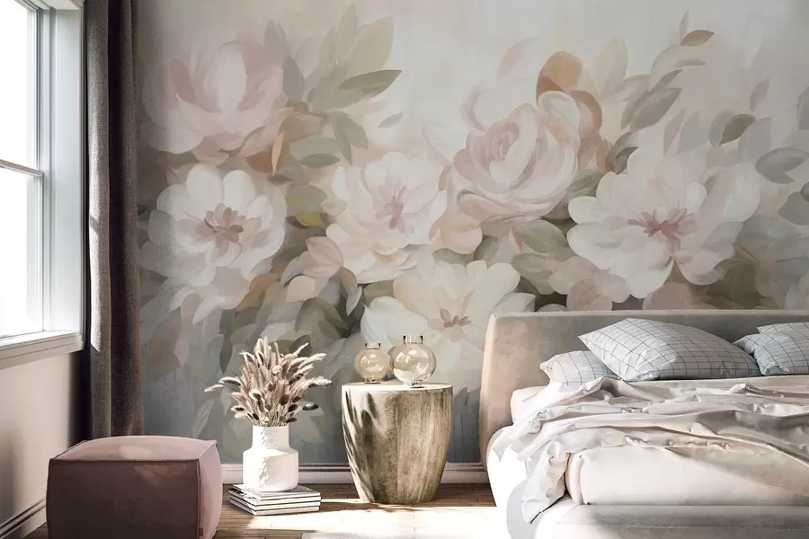 Fototapete Blassrosa und weiße Blumen mit grünen Blättern, gemalte Darstellung, impressionistischer Stil, strukturierte Kunst w09824