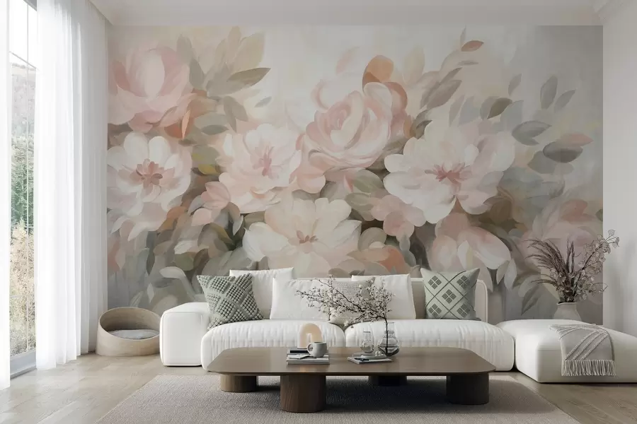 Fototapete Blassrosa und weiße Blumen mit grünen Blättern, gemalte Darstellung, impressionistischer Stil, strukturierte Kunst w09824