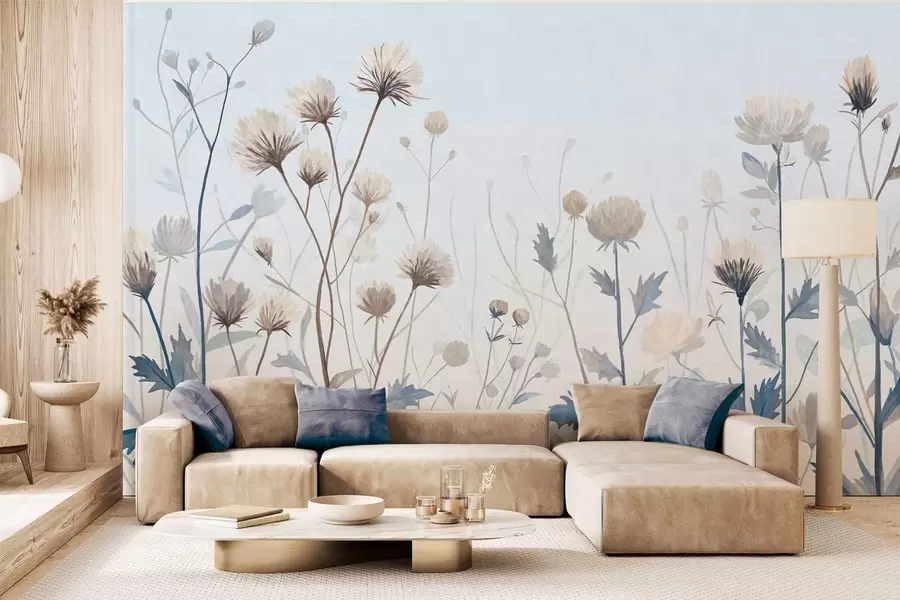 Fototapete Wilde Wiesengräser und Blumen, gemalt im Landschaftsstil vor einem hellen Hintergrund w05563