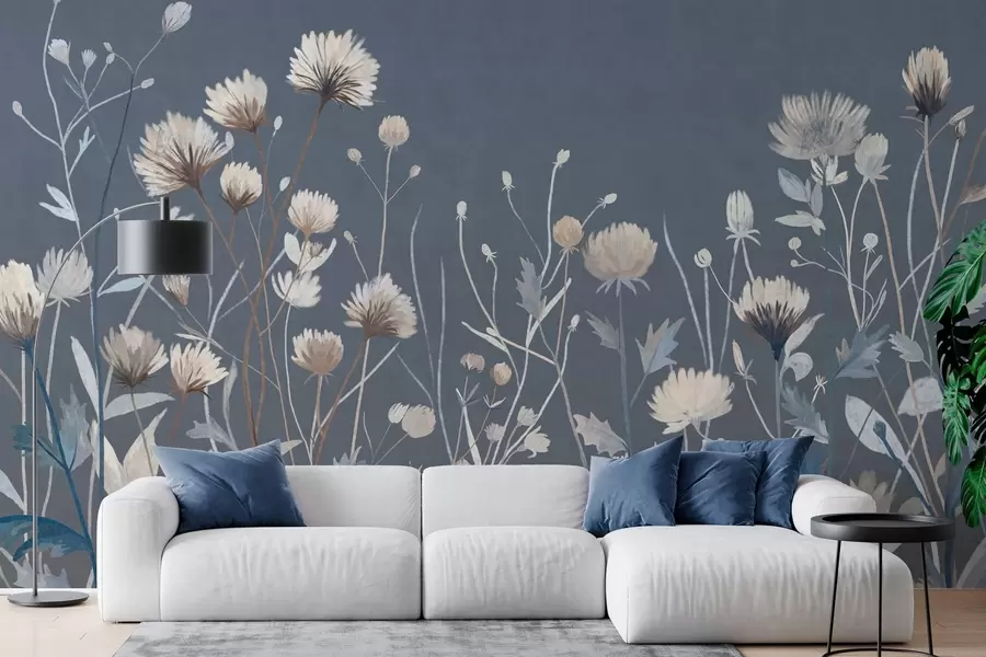 Fototapete Wilde Wildblumen und Gräser, gemalt im malerischen Stil vor einem dunkelblauen Hintergrund w05563v1
