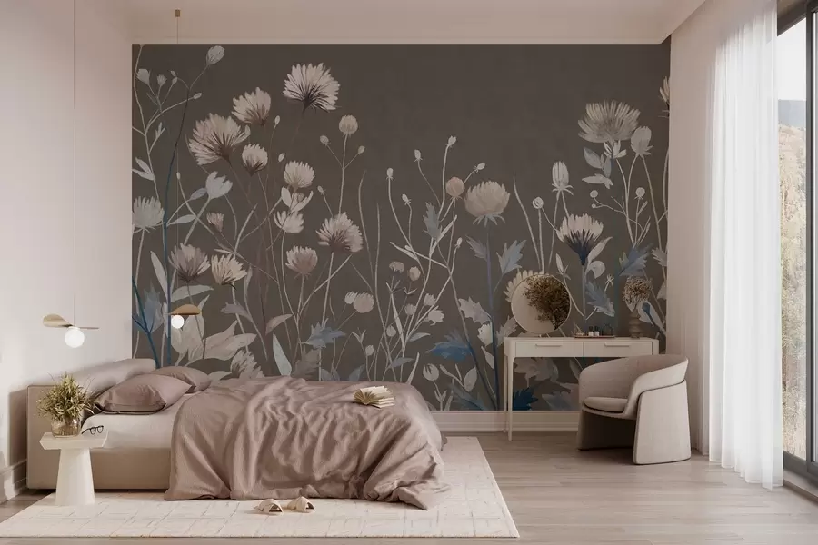 Fototapete Wilde Feldgräser und Blumen, gemalt im malerischen Stil vor einem graubraunen Hintergrund w05563v2